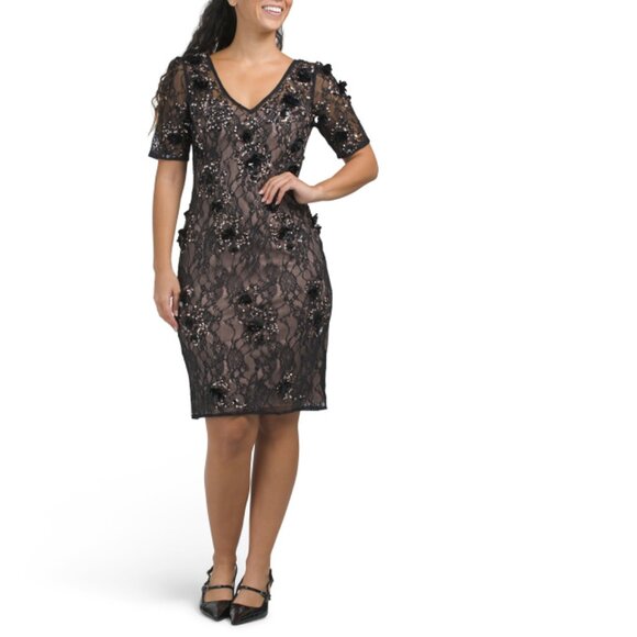 ADRIANNA PAPELL Black/Rose Gold Short Sleeve Beaded Mini Dress - Picture 1 of 2